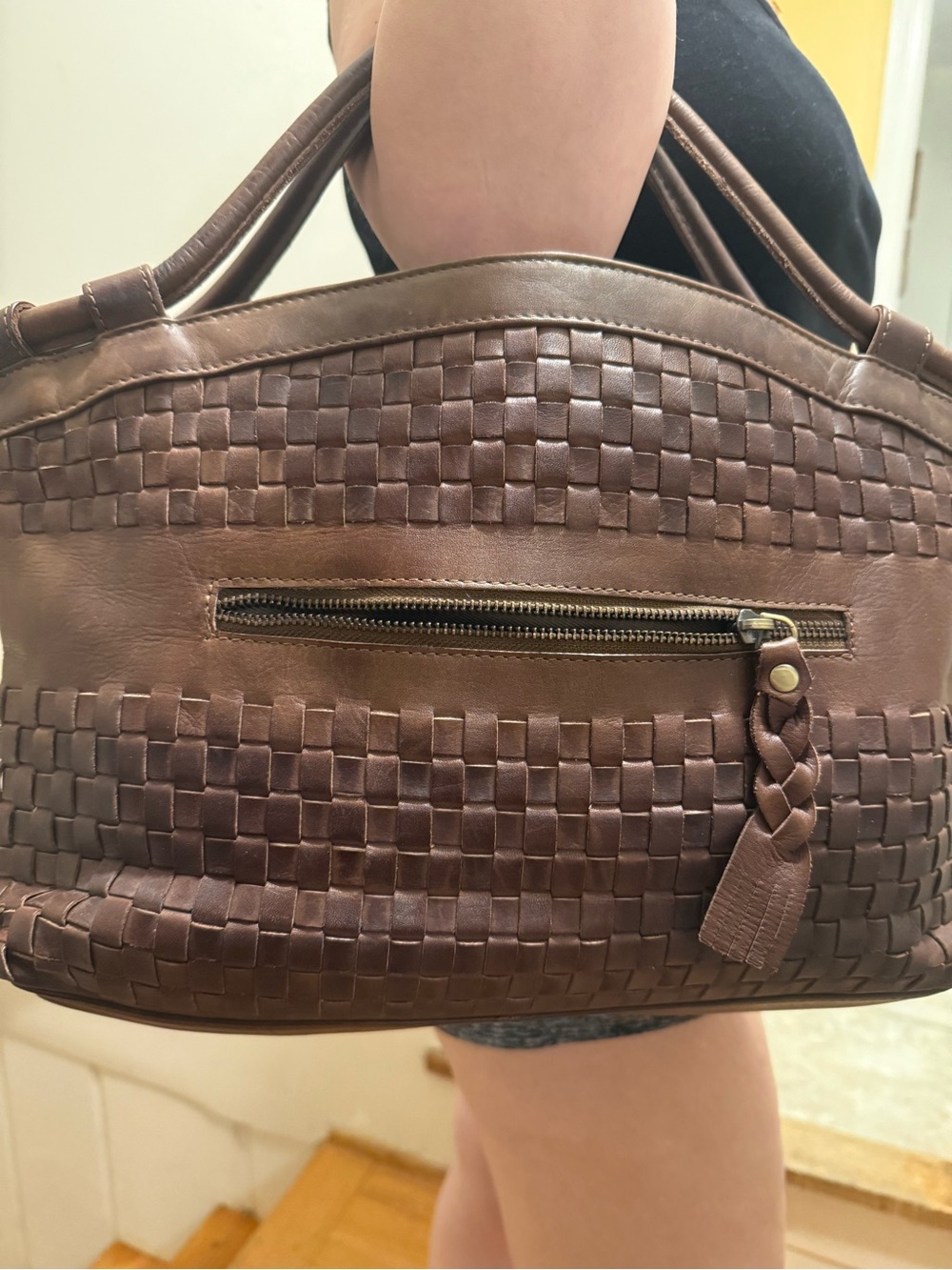 Woven Leather RFID Shoulder Boho Laptop Work Travel Bag in Brown
